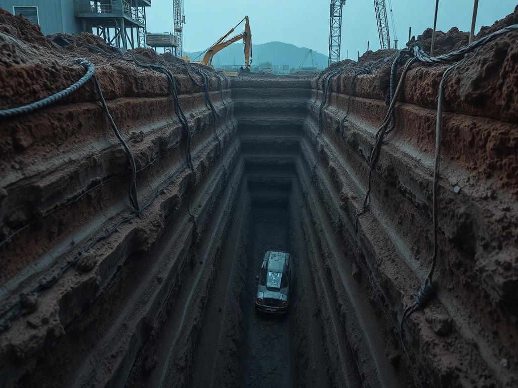 Escavação profunda com taludes em obra de infraestrutura