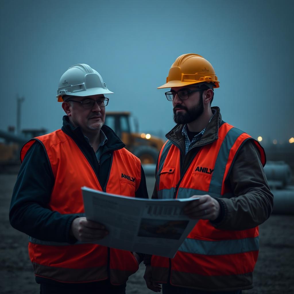 Equipe da obra analisando o projeto ao lado de máquinas pesadas